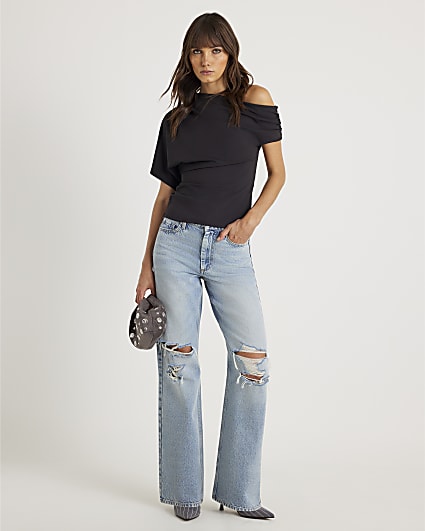 Black One Shoulder Drape Top
