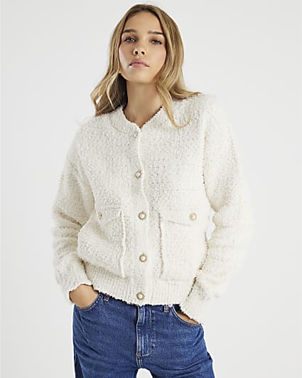 Cream Long Sleeve Boucle Cardigan