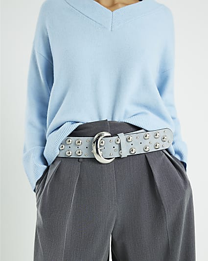 Blue Faux Suede Studded Belt
