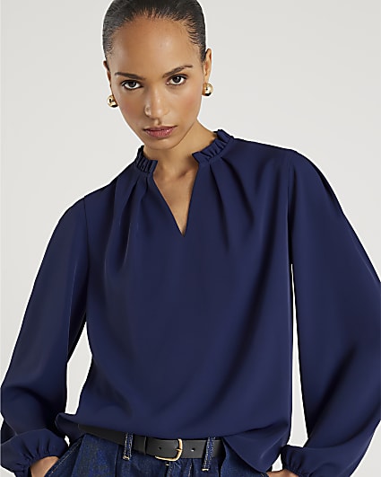 Navy Frill Trim Long Sleeve Top