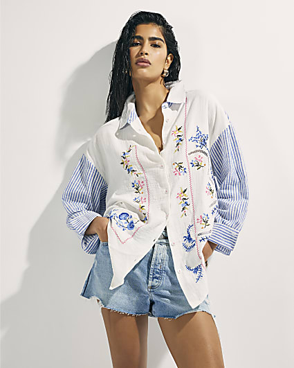 White Embroidered Patchwork Stripe Shirt