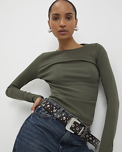 Khaki Cotton Long Sleeve Fitted Top