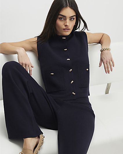 Navy knitted wide leg trousers