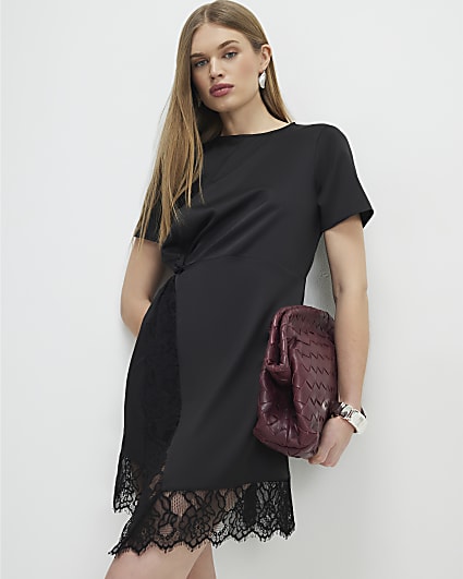 Black Lace Trim Side Twist Mini Dress