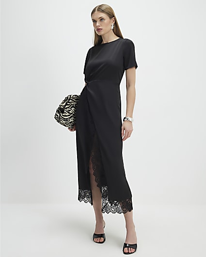 Black Lace Trim Side Twist Midi Dress