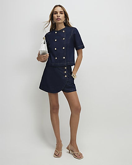Blue Denim Button Detail Skort