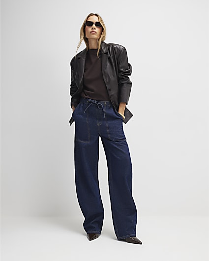 Blue Tie Waist Barrel Leg Jeans