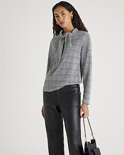 Grey Check Print Long Sleeve Scarf Neck Top