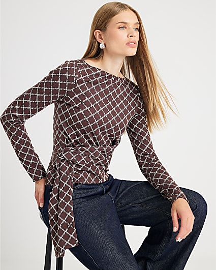 Brown Long Sleeve Geometric Drape Front Top