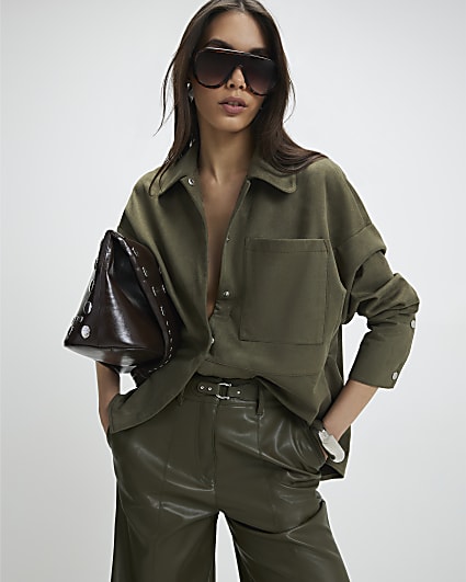 Khaki Oversized Faux Suede Overshirt