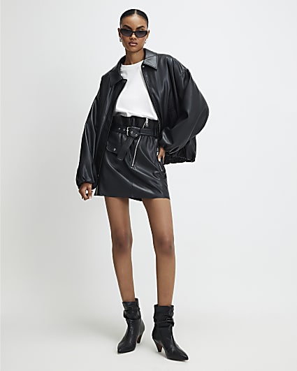 Black Faux Leather Belted Mini Skirt