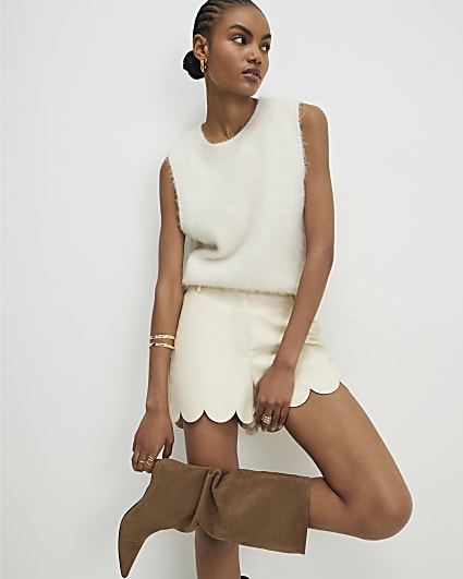 Cream Faux Leather Scallop Trim Shorts