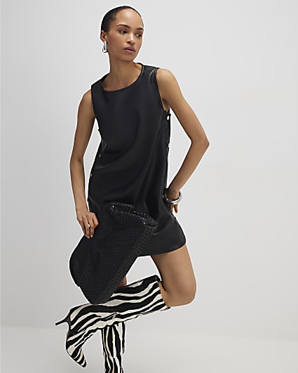 Black Faux Leather Popper Side Shift Dress