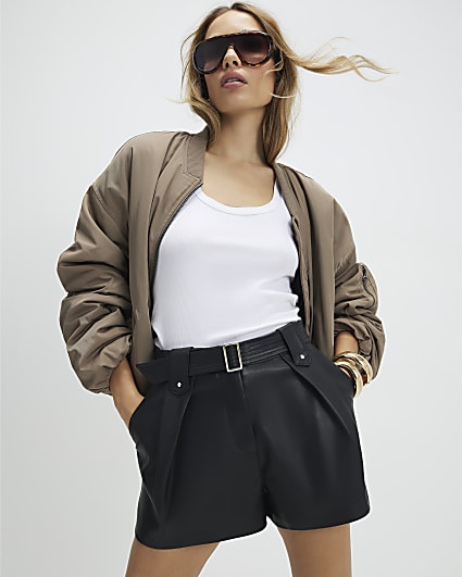 Black Faux Leather Belted Short