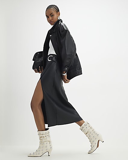 Black Wrap Eyelet Detail Midi Skirt