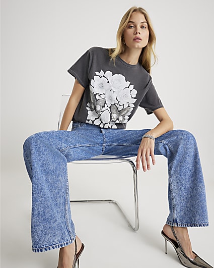 Grey Short Sleeve Diamante Skull T-shirt