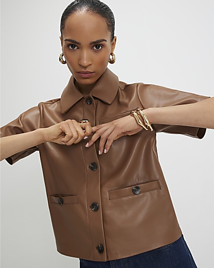 Brown Faux Leather Short Sleeve Pocket Shirt