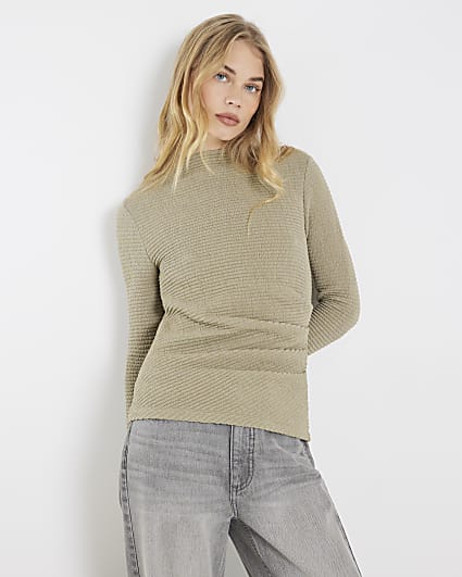 Khaki Long Sleeve Waffle Textured Drape Top