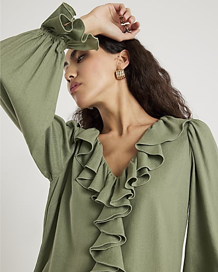 Khaki Long Sleeve Ruffle Blouse
