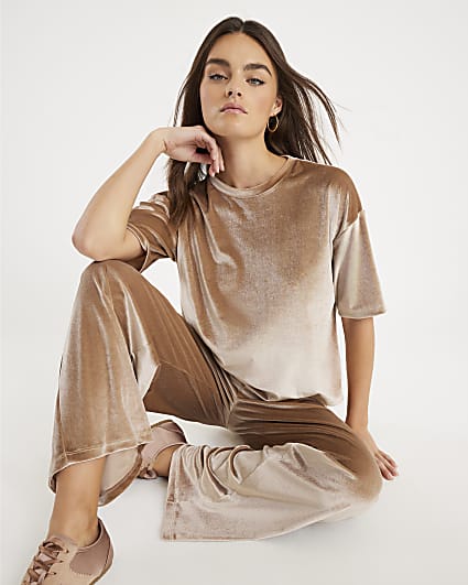 Beige Velvet Wide Leg Joggers