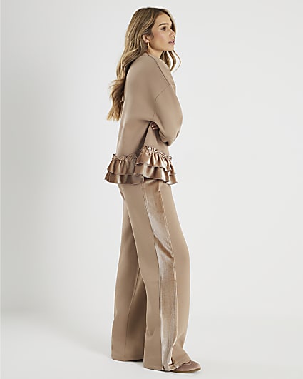 Beige Velvet Trim Wide Leg Joggers