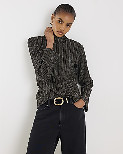 Black Long Sleeve Ribbed Roll Neck Top