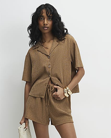 Beige Short Sleeve Textured Shirt