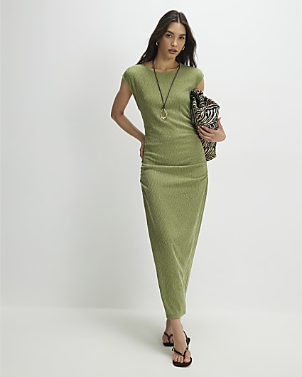 Green Short Sleeve Texture Ruched Midi Dress