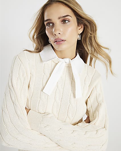 Cream Long Sleeve Bow Cable Knit Jumper