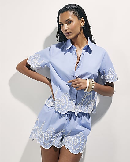 Blue Shell Embroidered Hem Shirt
