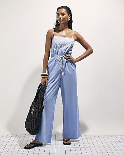 Blue Shell Embroidered Jumpsuit