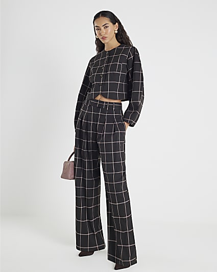 Brown Check Wide Leg Trousers