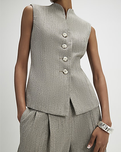 Beige High Neck Flecked Sculpted Waistcoat