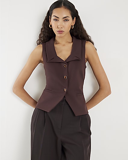 Brown Sleeveless Lapel Waistcoat