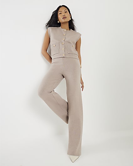 Petite Beige Wide Leg Knitted Trousers