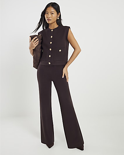 Petite Brown Wide Leg Knitted Trousers
