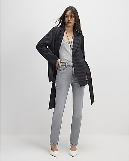 Grey High Waisted Slim Fit Ankle Grazer Jeans