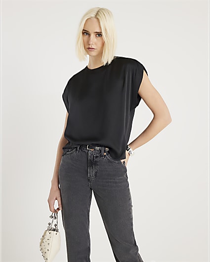 Black Satin Split Sleeve T-shirt