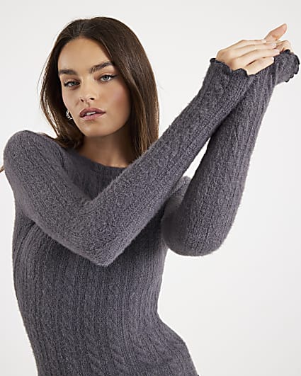 Grey Cable Knit Long Sleeve Fitted Top