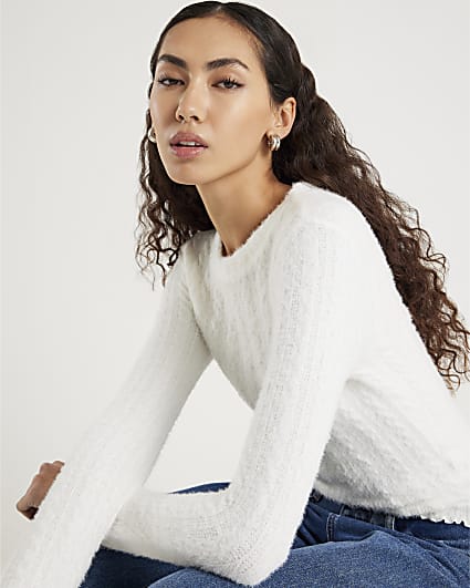 White Long Sleeve Cable Knit Fitted Top
