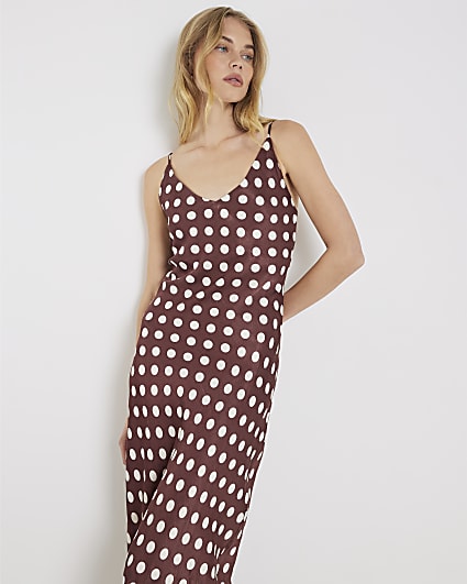 Brown Satin Polka Dot Slip Dress