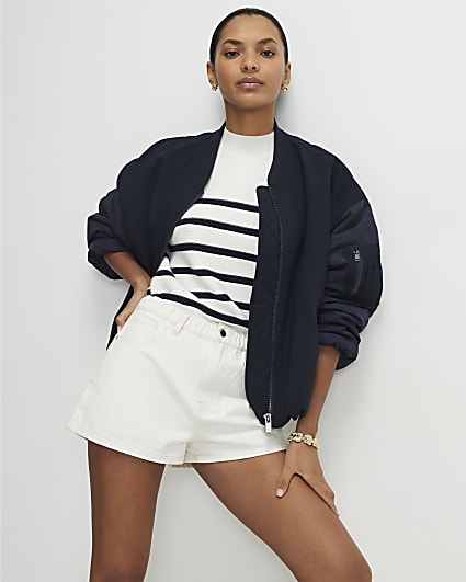 Cream Denim Elasticated A Line Shorts