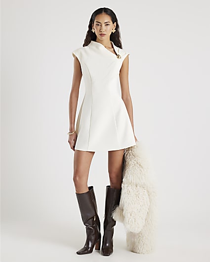 Cream Sleeveless Drape Mini Dress