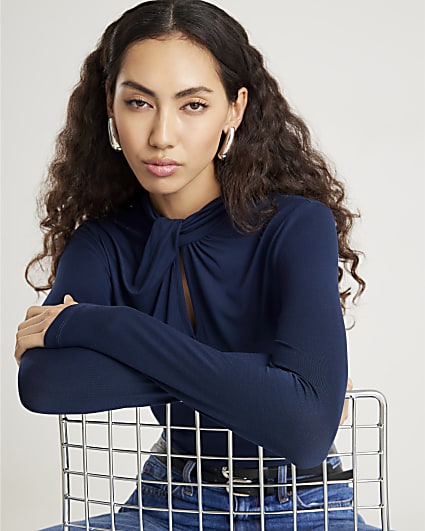 Navy Long Sleeve High Neck Twist Top