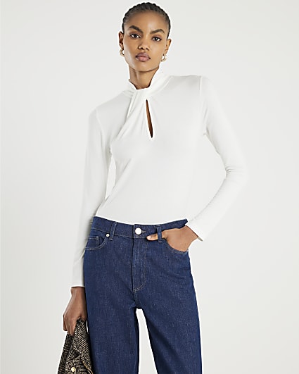 Cream Long Sleeve High Neck Twist Top