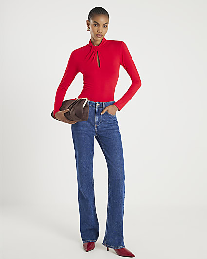 Red Long Sleeve High Neck Twist Top