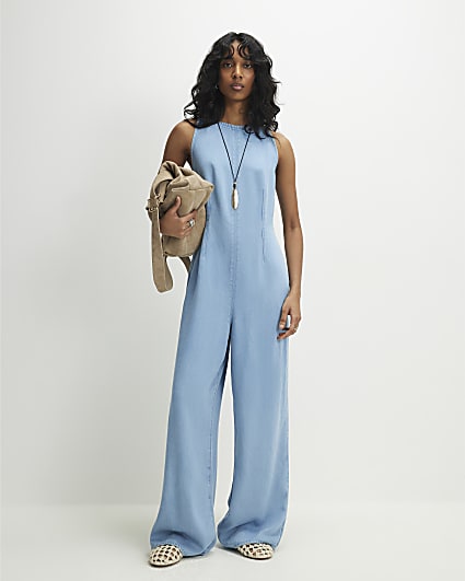 Blue Denim Wide Leg Jumpsuit