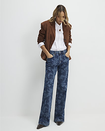 Blue Mid Rise Floral Bootcut Jeans