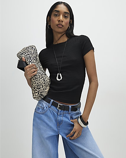 Black Short Sleeve Textured Fitted T-Shirt