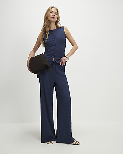 Navy Textured Wide Leg Trousers